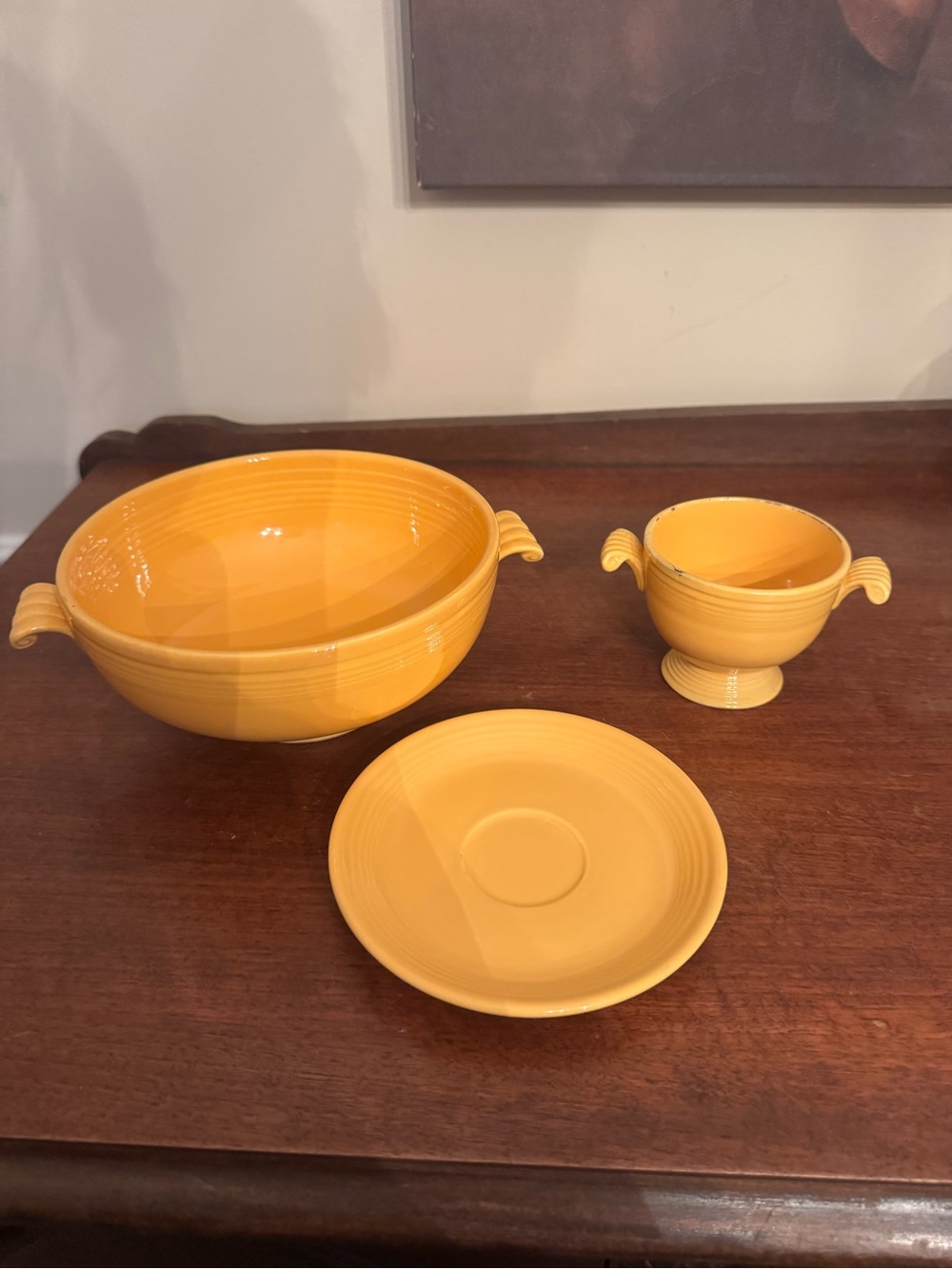 Fiesta Yellow  Ceramic Casserole Bowl, Sugar Bowl, and Saucer USA